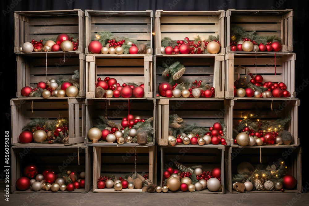 Christmas ornaments in wooden crates