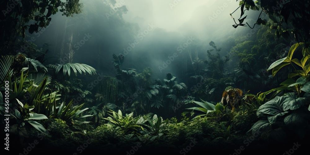Fresh exotic jungle background with lots of copy space - obrazy, fototapety, plakaty 