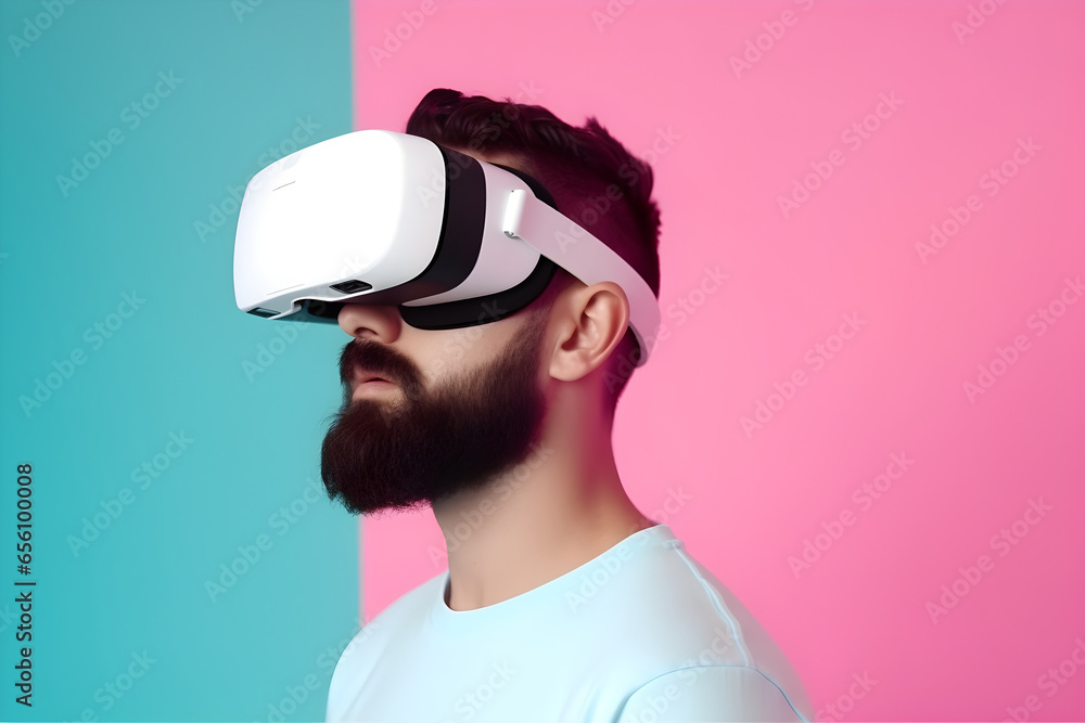 A young man wearing virtual reality headset on bright pastel background, VR, future, gadgets, technology, education online, studying, video game concept A young man wearing virtual reality headset on bright pastel background, VR, future, gadgets, technology, education online, studying, video game concept