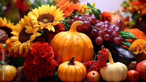 fall harvest pumpkins with flowers and grapes Created with AI