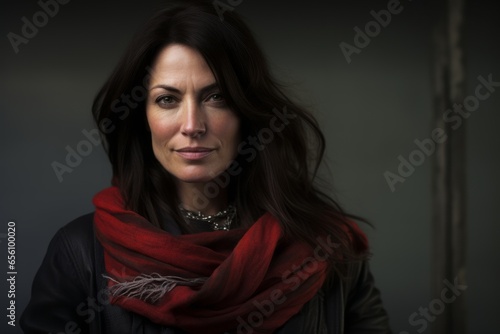 Portrait of a beautiful woman with a red scarf on a dark background