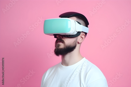 A young man wearing virtual reality headset on bright pastel background  VR  future  gadgets  technology  education online  studying  video game concept