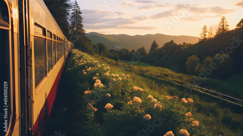 train in the morning with beauty scenery mountain photo