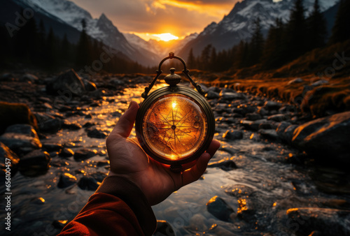 Man holds in hand fantasy compass, magic artifact on background of science-fiction world with sunset, river with stones, mountains and wood photo