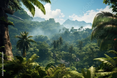 Tropical untouched rainforest with botanical plants as wallpaper background Generative Ai