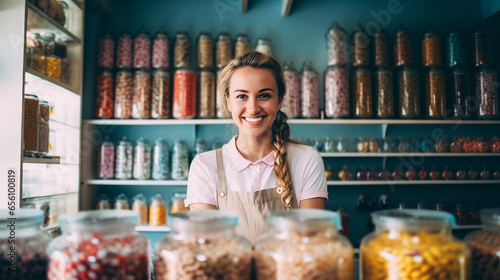 Woman working at a candy shop