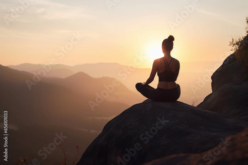 Tranquility and Peace of Mind. Woman practicing yoga on calm autumn hilltop. Generative Ai
