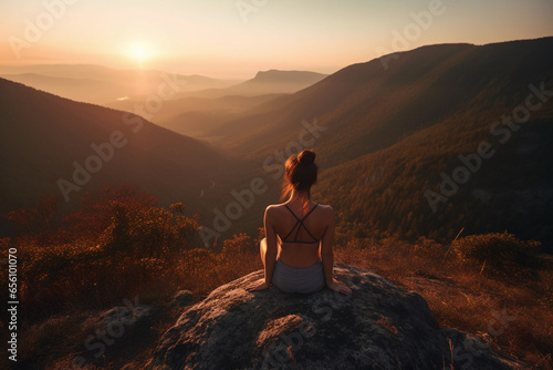 Yoga Practitioner on Scenic Mountaintop - Mindfulness Wellness Exercise Meditation Scenery Outdoor Fitness Nature Relaxation Generative Ai