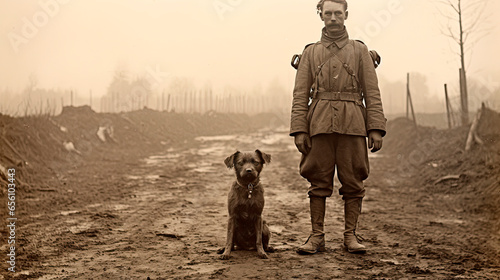 Soldier with his dog in World War I  photo
