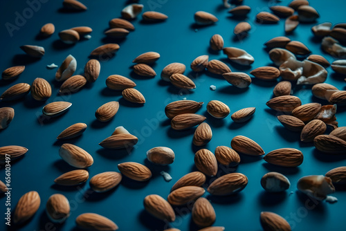 Almond nuts with copyspace isolated on blue background. Close up. Flat lay  top view  for banner background