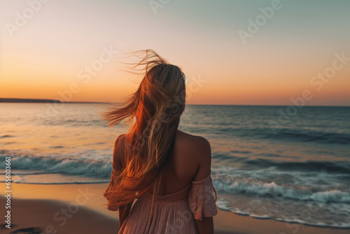 Woman on beach looking at sunset with. Generative Ai © MAXSHOT_PL