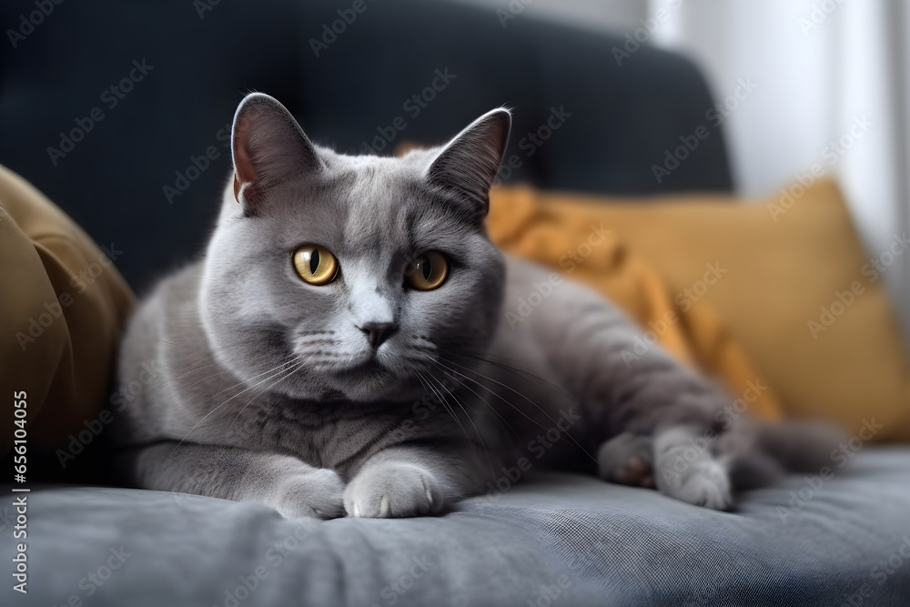 Beautiful british shorthair cat lying on sofa at home, animals concept, close up portrait, Adopt me concept
