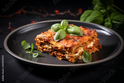 Italian lasagna served on a black plate with basil Generative Ai