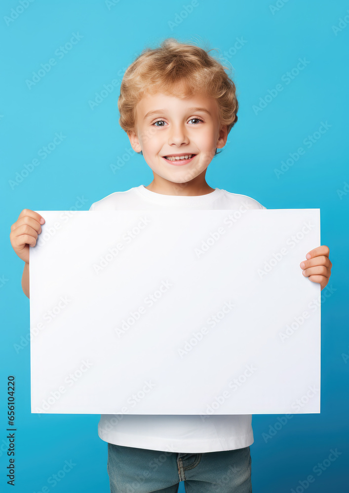 Generative AI, small child, toddler holding a white blank sign in his hands for text, image or advertising, mockup, smiling kid on a colored background with an object, products for children, boy, sale Generative AI, small child, toddler holding a white blank sign in his hands for text, image or advertising, mockup, smiling kid on a colored background with an object, products for children, boy, sale