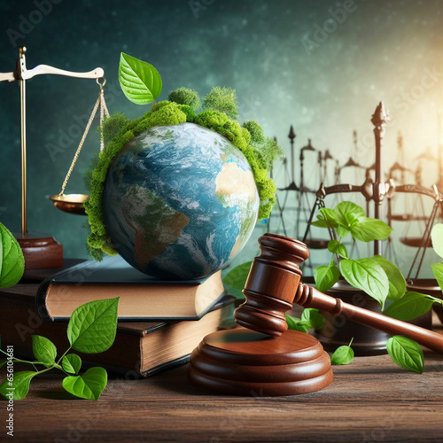 enviromental law. gavel and globe on white background.Generative IA