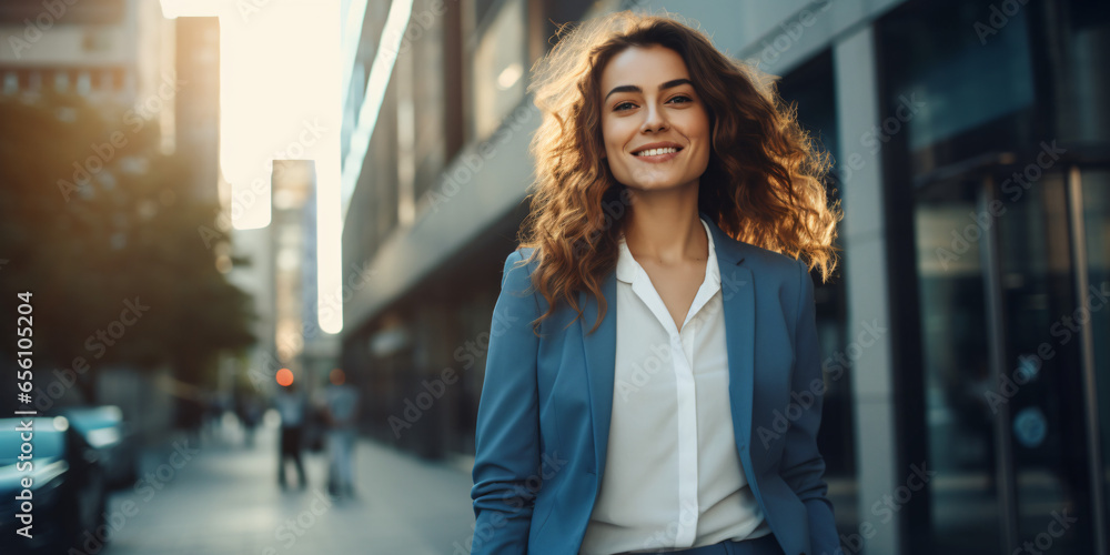 happy and smiling young woman, on the street, professional, corporate, business - obrazy, fototapety, plakaty 