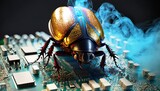 Beetle attacks and destroys electronics. Concept of computer virus and malicious software code.
