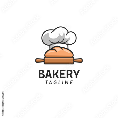 Rolling pin and Chef with bread, Bakery Logo Symbol Design Template Flat Style Vector
