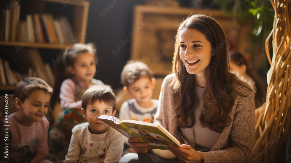 Generative AI, young beautiful woman kindergarten teacher reading a book to children, nanny, day care group, child, toddler, kids, primary school, children's room, Montessori, Reggio, pedagogy