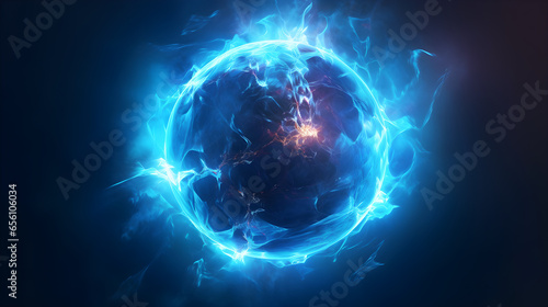 Blue electric sphere plasma ball lightning abstract background, with lightning in the dark. 3D rendering.