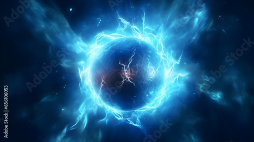 Blue electric sphere plasma ball lightning abstract background, with lightning in the dark. 3D rendering.