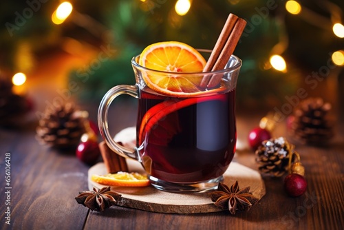 Christmas mulled red wine with spices and fruits on a wooden table against a background of Christmas lights. Traditional hot drink at Christmas
