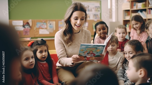 Generative AI, young beautiful woman kindergarten teacher reading a book to children, nanny, day care group, child, toddler, kids, primary school, children's room, Montessori, Reggio, pedagogy