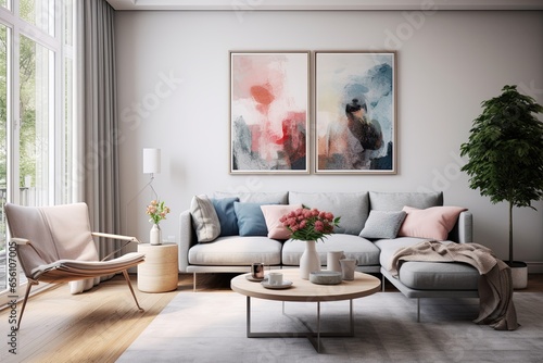 In a modern, bright apartment, the interior design showcases elegant, Scandinavian-inspired furniture. The white walls, wood accents, and abstract art create a comfortable, luxurious living space. © ChaoticMind