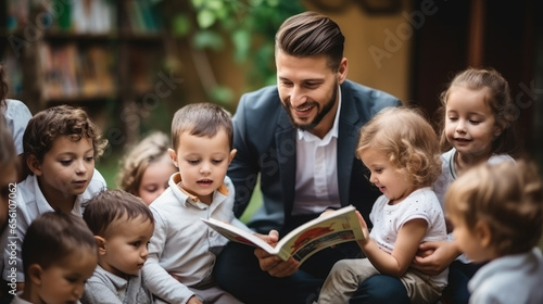 Generative AI, young beautiful woman kindergarten teacher reading a book to children, nanny, day care group, child, toddler, kids, primary school, children's room, Montessori, Reggio, pedagogy