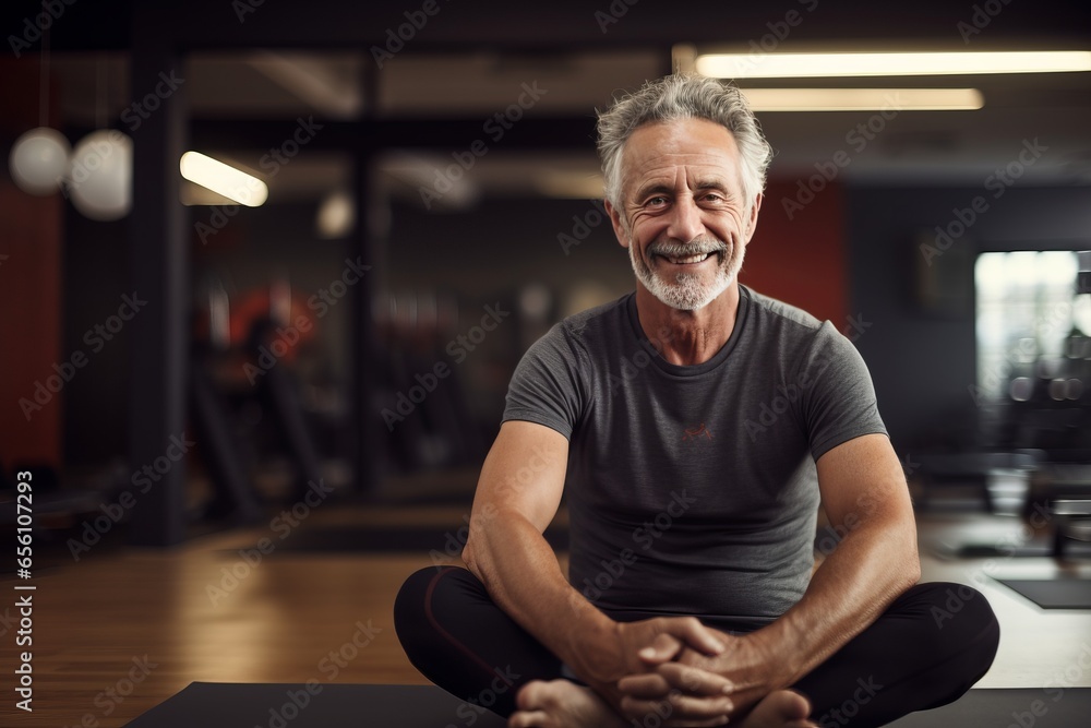 Sporty pensioner sitting cross-legged on a yoga mat Generative AI Sporty pensioner sitting cross-legged on a yoga mat Generative AI
