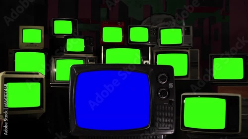 Stacked Televisions with Green Screen and One Retro TV with Blue Screen. 4K Resolution.