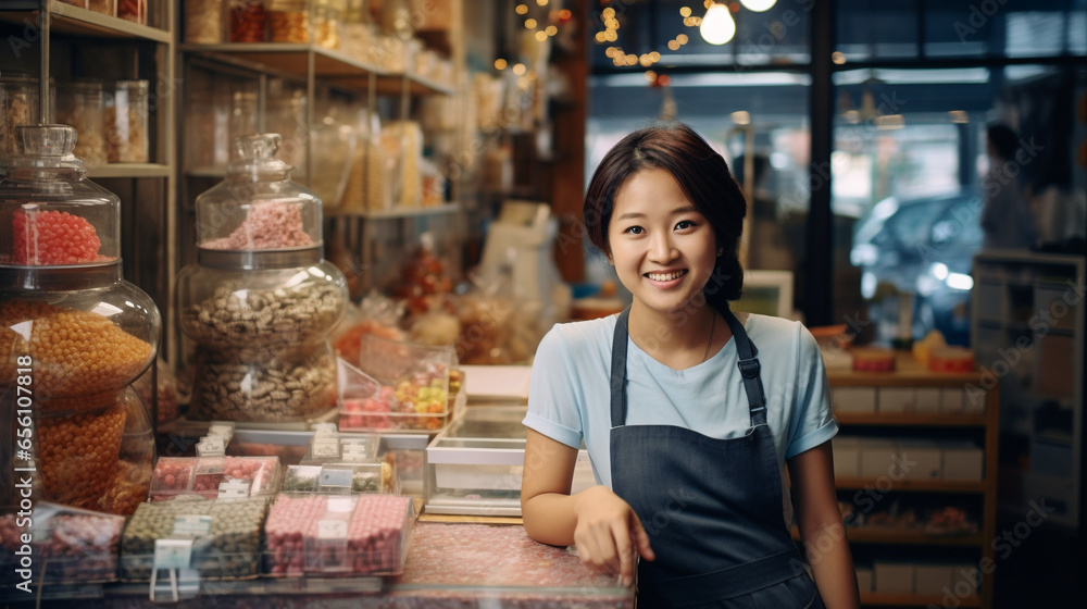 12. asiatic woman working at a candy shop