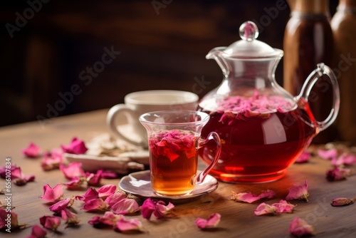 A warm cup of aromatic rose tea sitting on a rustic wooden table, surrounded by scattered rose petals and a vintage teapot in the soft morning light
