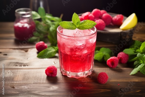 A refreshing glass of Raspberry Fizz cocktail, garnished with fresh raspberries and mint leaves, sitting on a rustic wooden table at an outdoor summer party photo