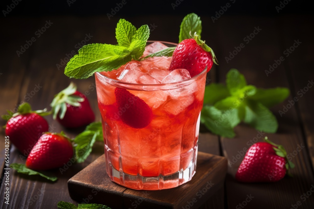 Close-up shot of a refreshing Strawberry Ginger Fizz cocktail, garnished with fresh strawberries and mint leaves on a rustic wooden table Close-up shot of a refreshing Strawberry Ginger Fizz cocktail, garnished with fresh strawberries and mint leaves on a rustic wooden table