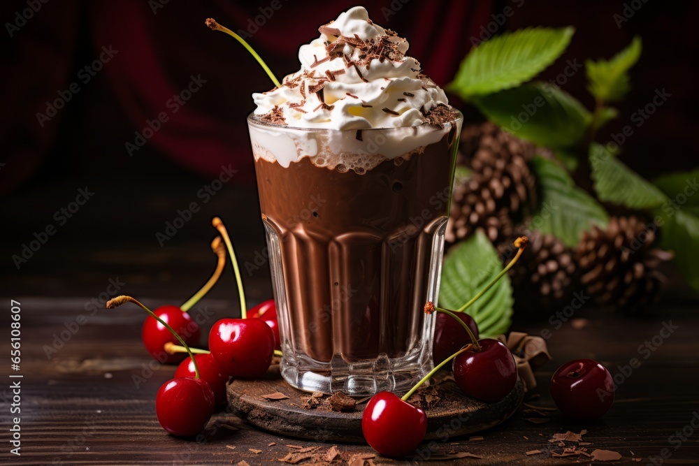 A rich, creamy chocolate shake garnished with whipped cream and a cherry, served in a vintage glass on a rustic wooden table A rich, creamy chocolate shake garnished with whipped cream and a cherry, served in a vintage glass on a rustic wooden table