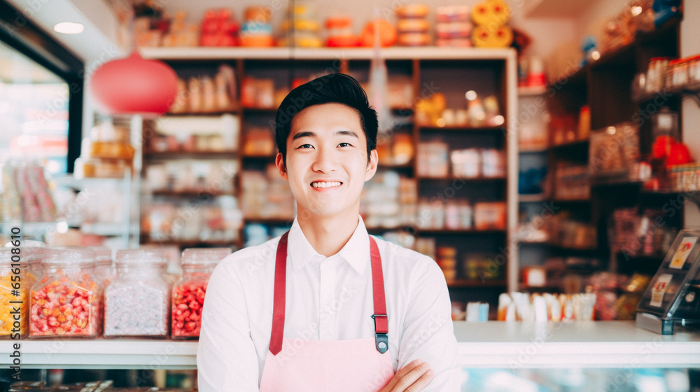 Asiatic man working at a candy shop