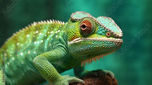 Close up of a green chameleon on a branch with blur in the background  macro lens photography