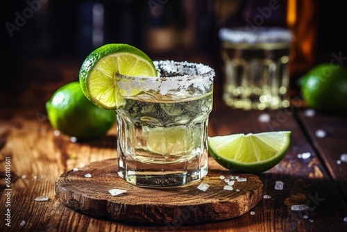 A close-up shot of a crystal-clear tequila shot glass, surrounded by fresh lime wedges and salt, on an old rustic wooden table under soft lighting