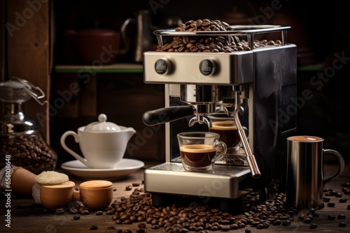 A beautifully crafted Flat White coffee with latte art, served on a rustic wooden table, surrounded by fresh coffee beans and vintage coffee grinder