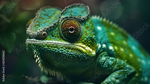 Close up of a green chameleon on a branch with blur in the background  macro lens photography
