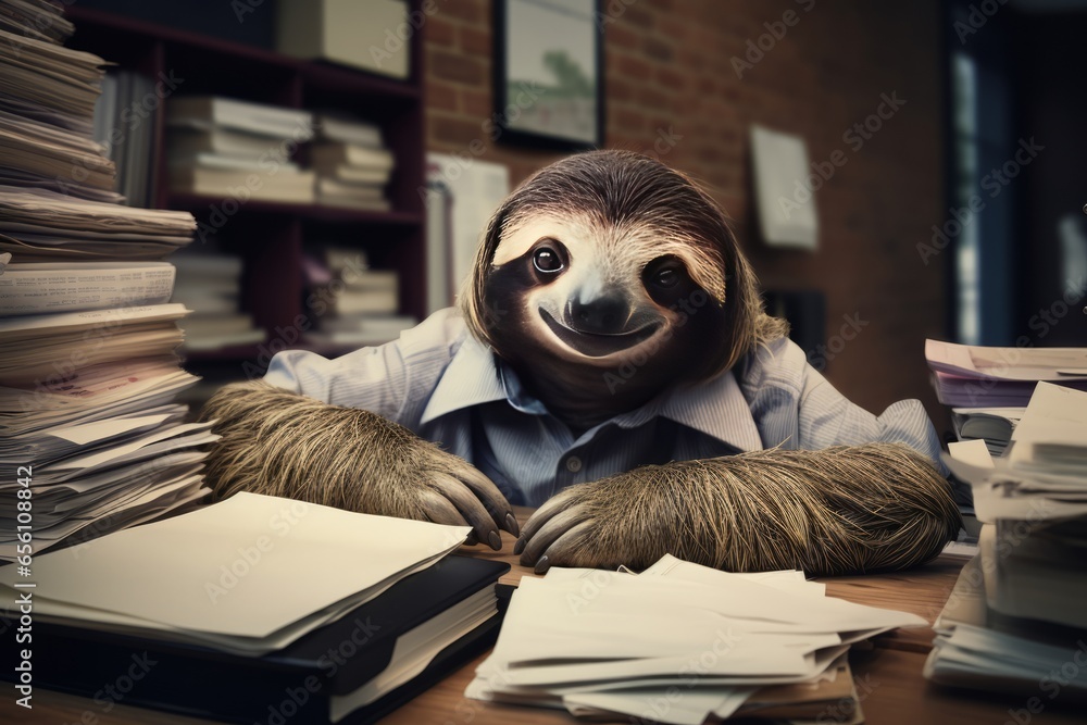 Sloth slowly working at an office with too many Papers and workload Generative AI Sloth slowly working at an office with too many Papers and workload Generative AI