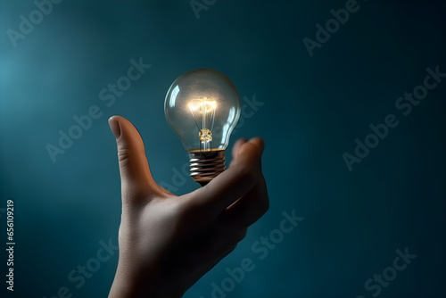 Close up of human hand holding light bulb on dark background. Idea, creativity, energy concept photo