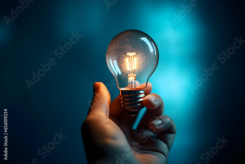 Close up of human hand holding light bulb on dark background. Idea, creativity, energy concept