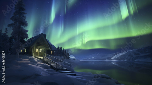 cabin in a wooded setting with a night sky illuminated by the northern lights, aurora borealis