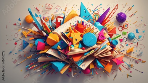 Illustration of numerous components and colorful shapes filling the image and taking form, representing the educational sector as a school.