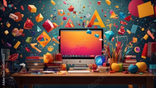 Illustration of numerous components and colorful shapes filling the image and taking form, representing the educational sector as a school.