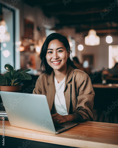 Attractive asiatic woman in her 30s on a laptop
