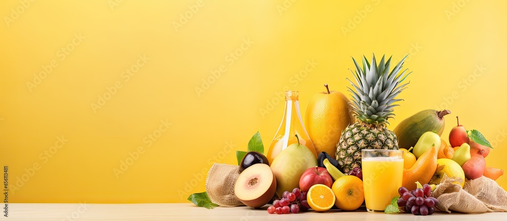 Vibrant banner with tropical fruit and juices spilling from a reusable bag in a healthy diet concept - obrazy, fototapety, plakaty 