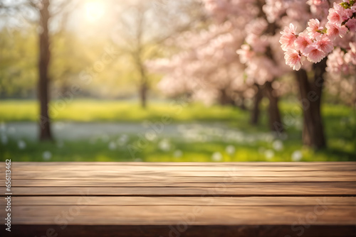 Wooden table and blurred spring background. spring concept